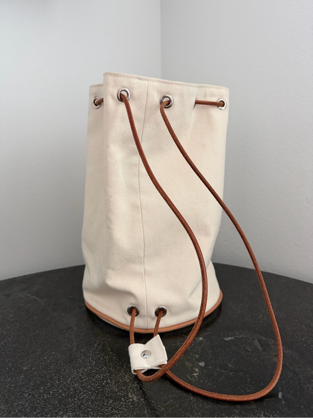 Hermes Cream Canvas Bucket Bag w/ Brown Leather Drawstring - Authentic Pre-Loved - Picture 4 of 11